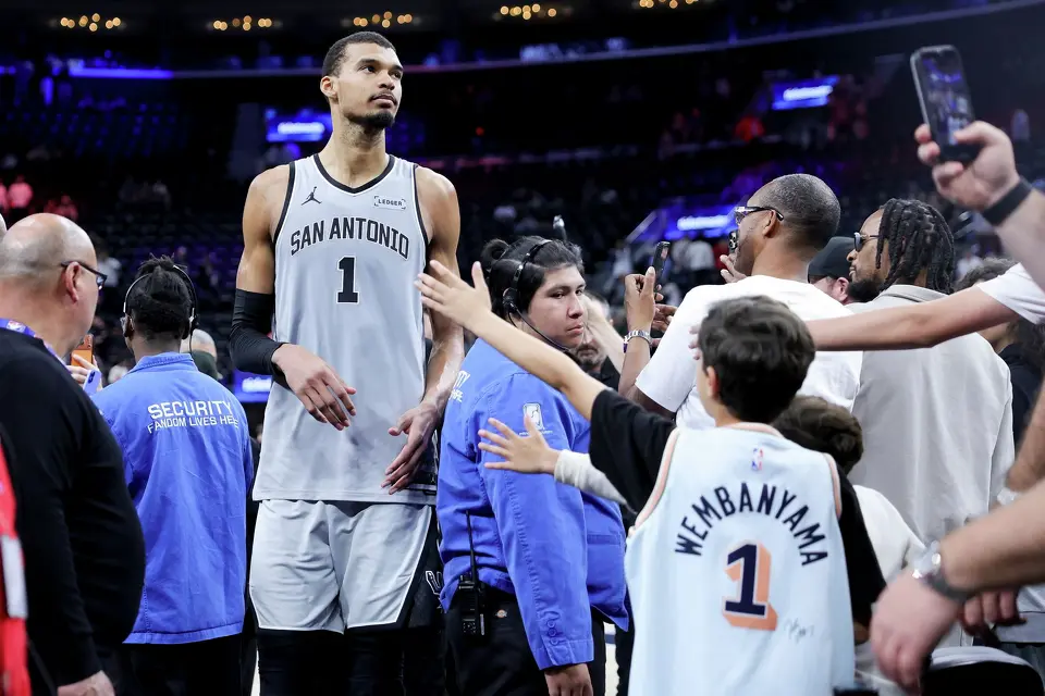 San Antonio Spurs forward Victor Wembanyama walks off the court after the team's win against the Los Angeles Clippers during an NBA basketball game Monday, March 16, 2026, in Inglewood, Calif. (AP Photo/Ryan Sun)
