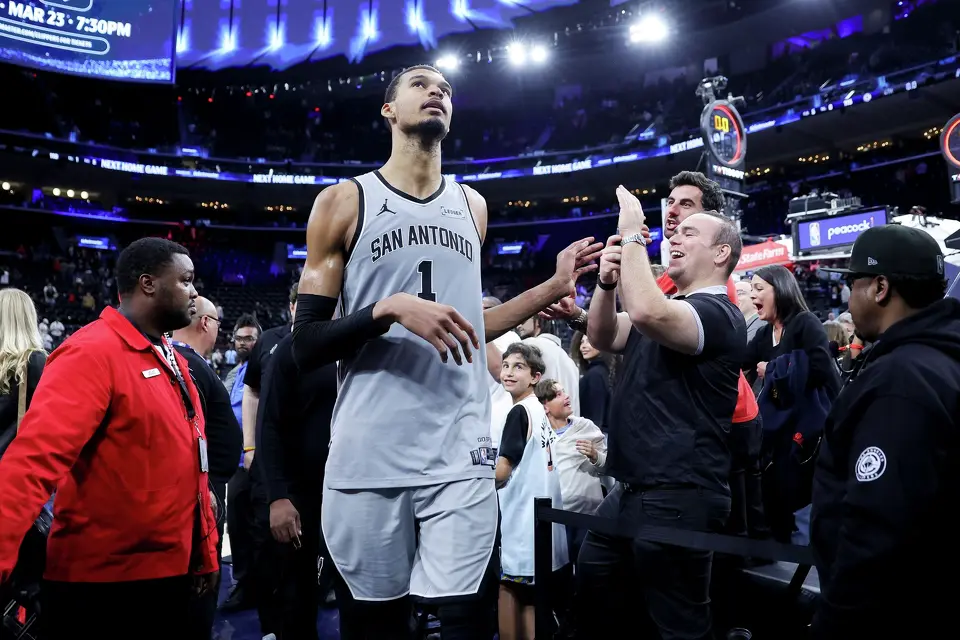 San Antonio Spurs forward Victor Wembanyama walks off the court after the team's win against the Los Angeles Clippers during an NBA basketball game Monday, March 16, 2026, in Inglewood, Calif. (AP Photo/Ryan Sun)