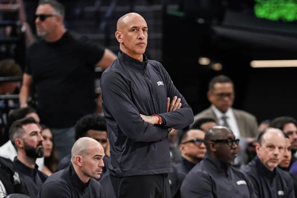 Sacramento Kings head coach Doug Christie looks on during the second half of an NBA basketball game against the San Antonio Spurs, Tuesday, March 17, 2026, in Sacramento, Calif. (AP Photo/Justine Willard)