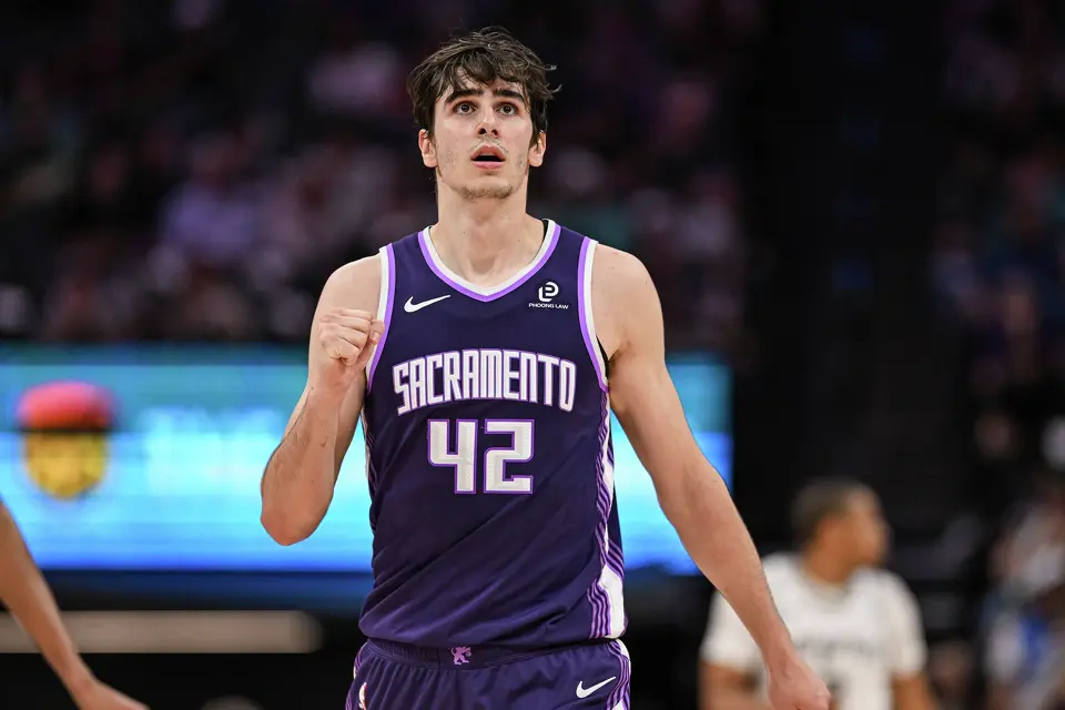 Sacramento Kings center Maxime Raynaud (42) reacts during the second half of an NBA basketball game against the San Antonio Spurs, Tuesday, March 17, 2026, in Sacramento, Calif. (AP Photo/Justine Willard)