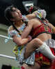 Professional Tokyo Joshi Pro wrestlers Raku and Wakana Uehara wrestle in the all-female Texas Stampede showcase during South by Southwest in Austin, Wednesday, March 18, 2026. Joshi Pro Wrestling blends WWE-style combat entertainment and Japanese pop idol culture into wrestling performances.