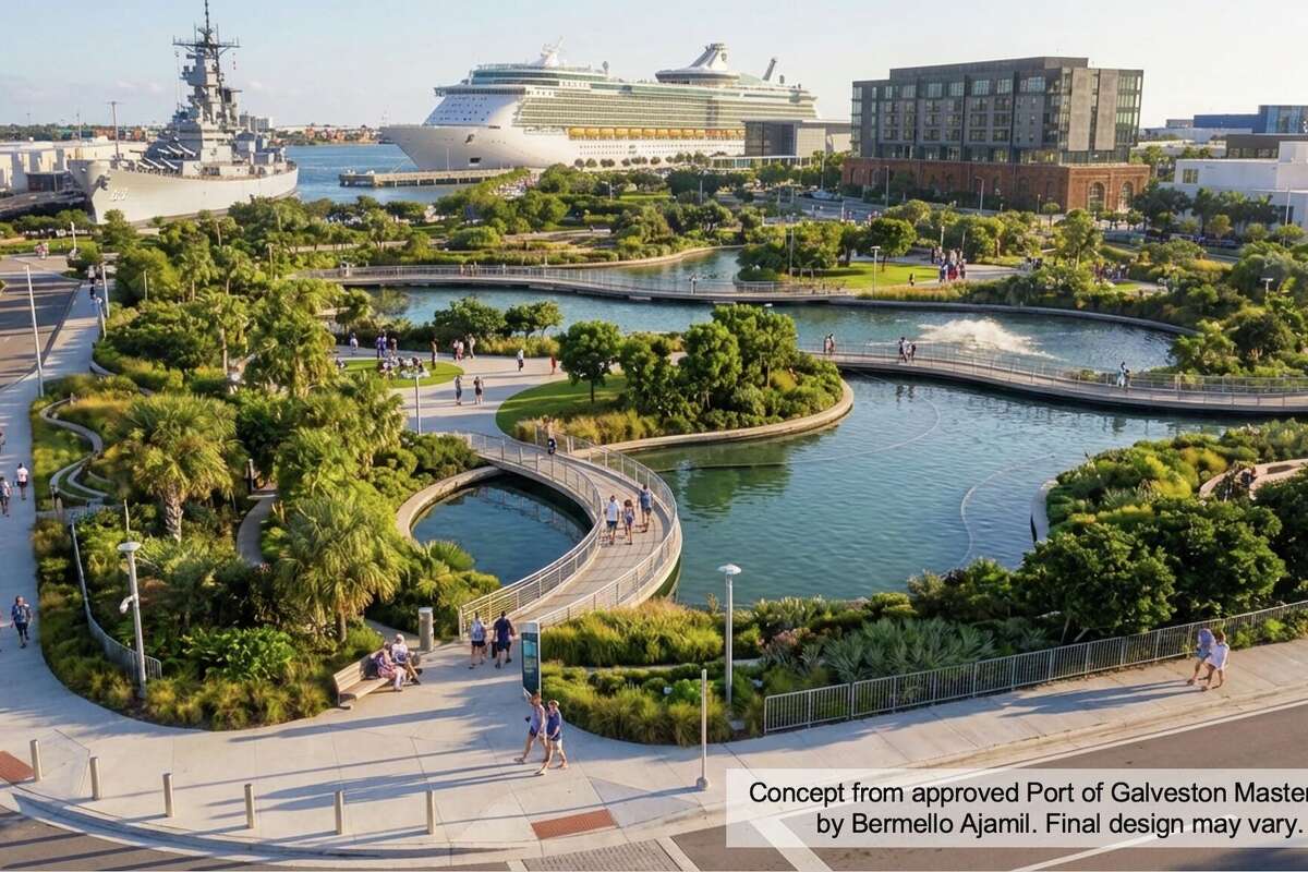 This rendering of Galveston's redeveloped waterfront includes the Battleship Texas' new home and a new cruise terminal at Pier 14.