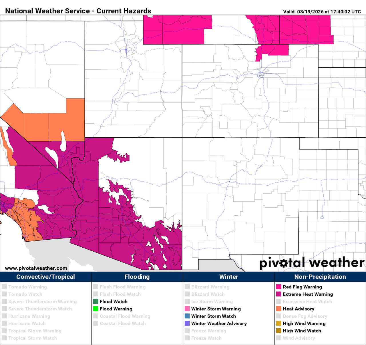 This map of the Desert Southwest shows where heat alerts were in effect Thursday. Heat alerts will continue through the end of the week as early season warmth continues.