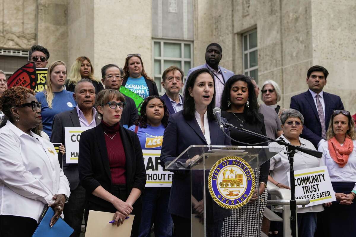 Houston City Council Member Alejandra Salinas speaks during a press conference outlining a proposal to define when Houston Police Department officers can and cannot contact U.S. Immigration and Customs Enforcement during traffic stops outside City Hall in Houston, Thursday, March 19, 2026.