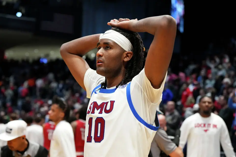 SMU center Jaden Toombs (10) reacts following a First Four college basketball game against Miami (Ohio) in the NCAA Tournament in Dayton, Ohio, Wednesday, March 18, 2026. (AP Photo/Jeff Dean)