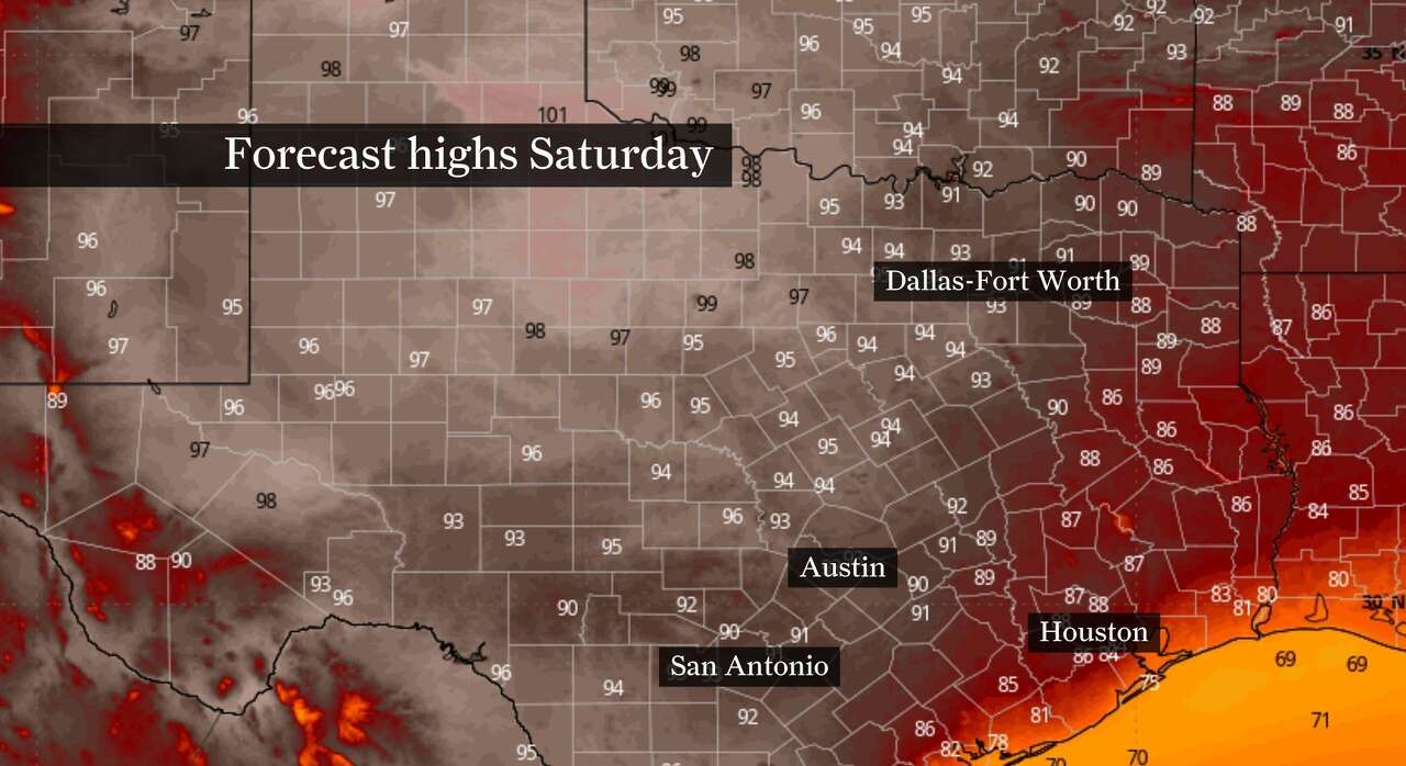 This map of Texas shows forecast high temperatures Saturday. Highs in Houston are likely to top out near 90 degrees for the first time this year.