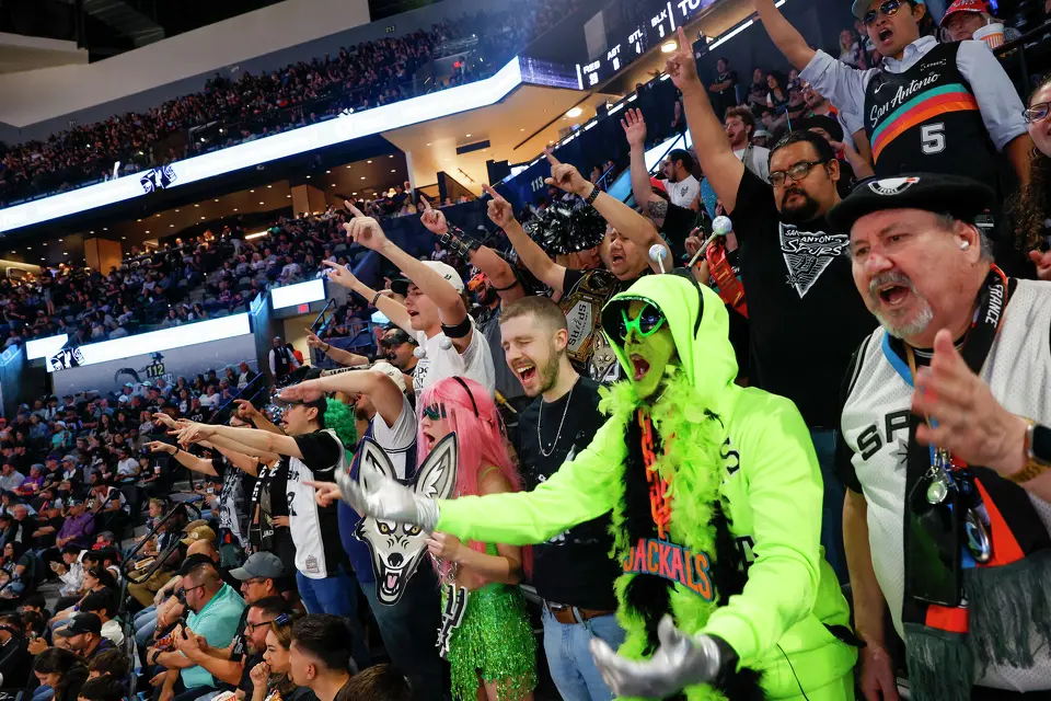 Jackals cheer at Frost Bank Center in San Antonio, Thursday, March 19, 2026. The Spurs won in the last second, 101-100.