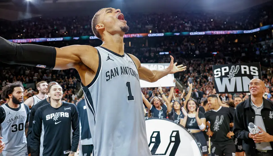 San Antonio Spurs forward Victor Wembanyama (1) celebrates a win at Frost Bank Center in San Antonio, Thursday, March 19, 2026. The Spurs won in the last second, 101-100.