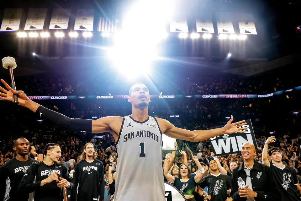 San Antonio Spurs forward Victor Wembanyama (1) hits the drum after a win at Frost Bank Center in San Antonio, Thursday, March 19, 2026. The Spurs won in the last second, 101-100.