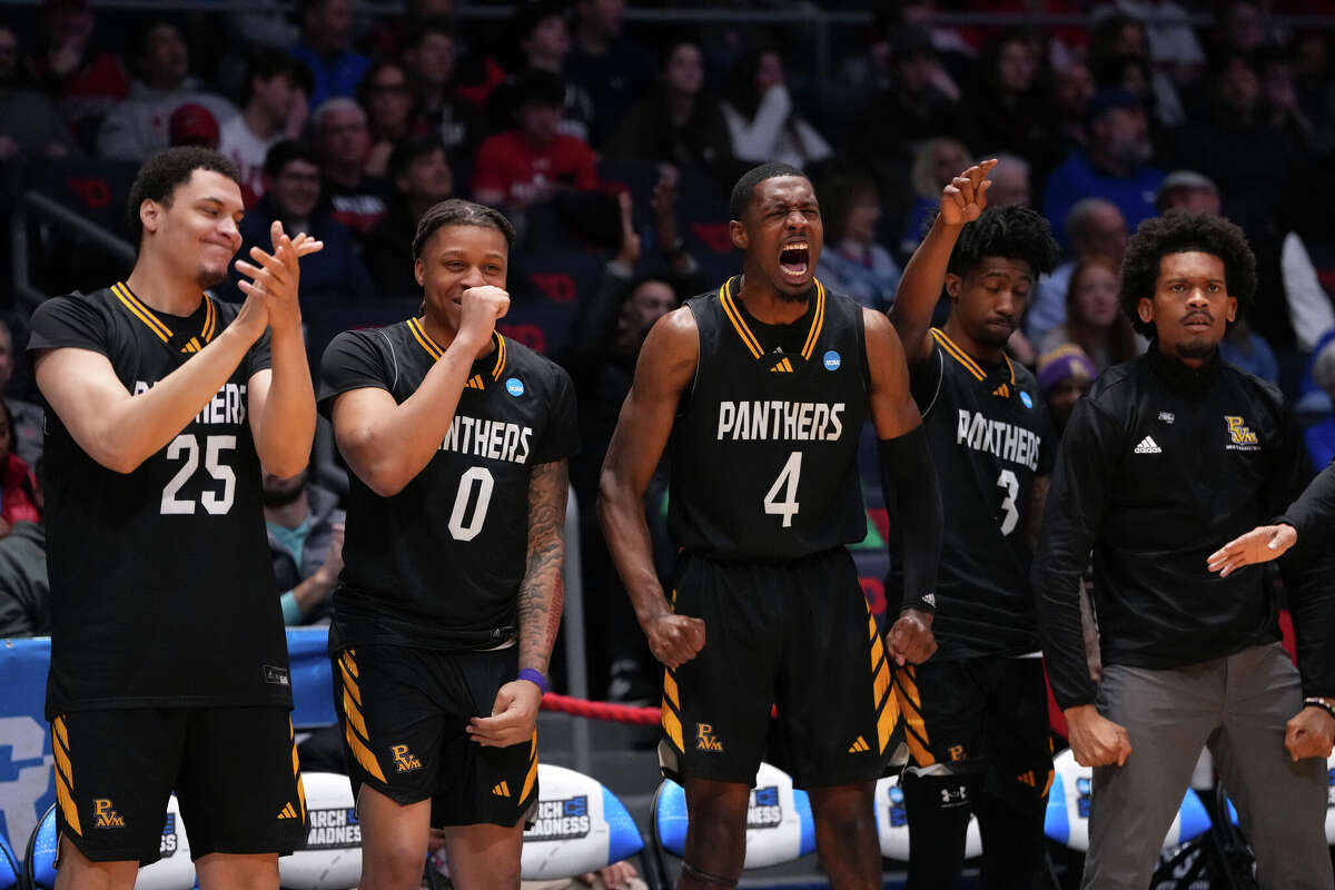 The Prairie View A&M Panthers bench celebrates during the second half in the First Four game of the 2026 NCAA Men's Basketball Tournament.