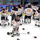 Lyman Hall celebrates their 5-2 victory over Conard in the CIAC Division II Boys Ice Hockey Championship at Quinnipiac University’s M&T Bank Arena in Hamden on March 20, 2026.