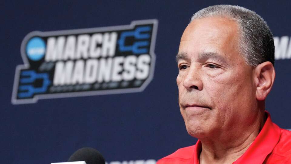 Houston head coach Kelvin Sampson answers questions during a press conference after the team's 88-57 win over Texas A&M in the second round of the NCAA college basketball tournament in Oklahoma City, Saturday, March 21, 2026.