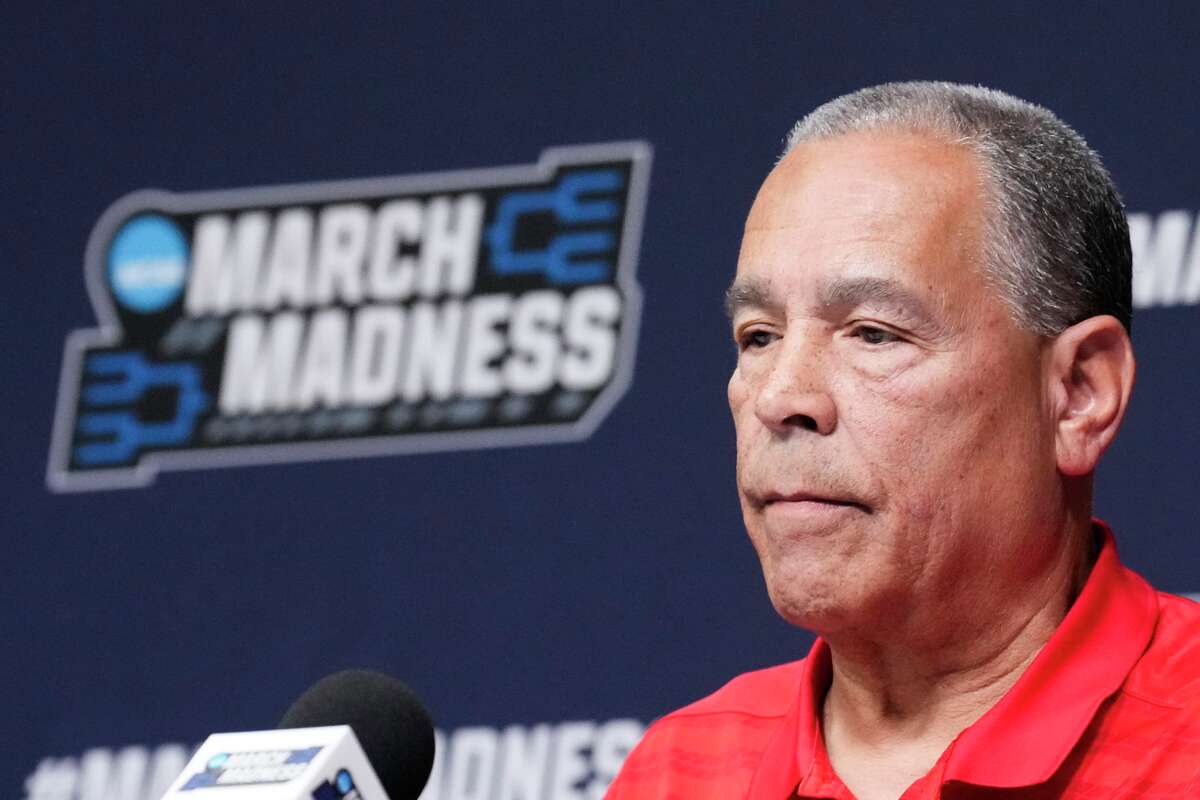 Houston head coach Kelvin Sampson answers questions during a press conference after the team's 88-57 win over Texas A&M in the second round of the NCAA college basketball tournament in Oklahoma City, Saturday, March 21, 2026.