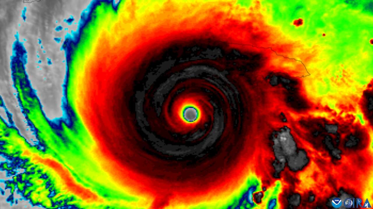 Powerful Hurricane Melissa is seen from satellite as it approaches Jamaica on Oct. 27, 2025. In the 24 hours preceding landfall in Jamaica, an already Category 5 Hurricane Melissa further strengthened.
