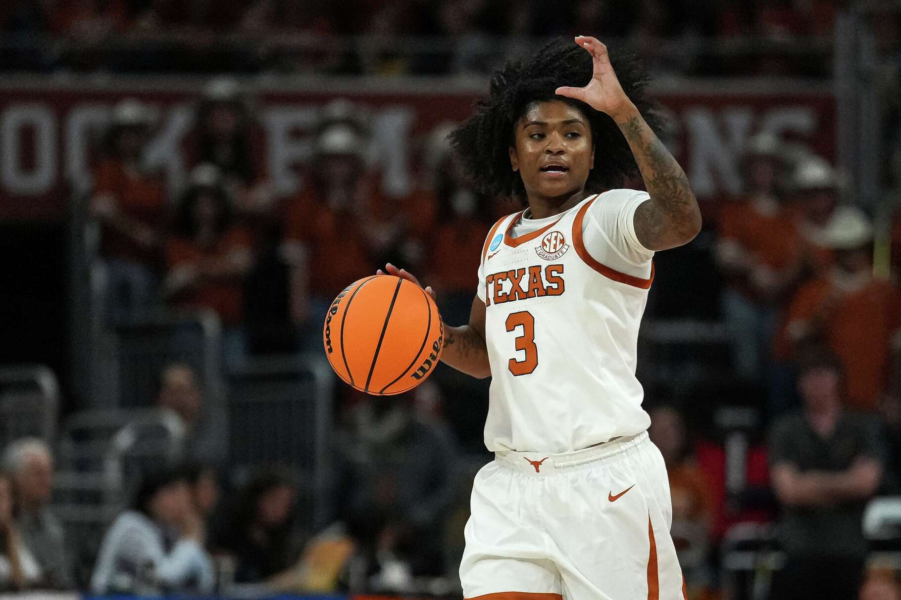 Texas Longhorns guard Rori Harmon (3) directs her team during the second round of the NCAA Women's Basketball Tournament against Oregon at the Moody Center on Sunday, March 22, 2026 in Austin.
