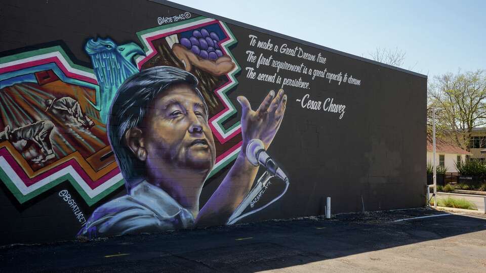 A mural of labor leader and civil rights activist Cesar Chavez on East Cesar Chavez Street in Austin on Monday, March 23, 2026.