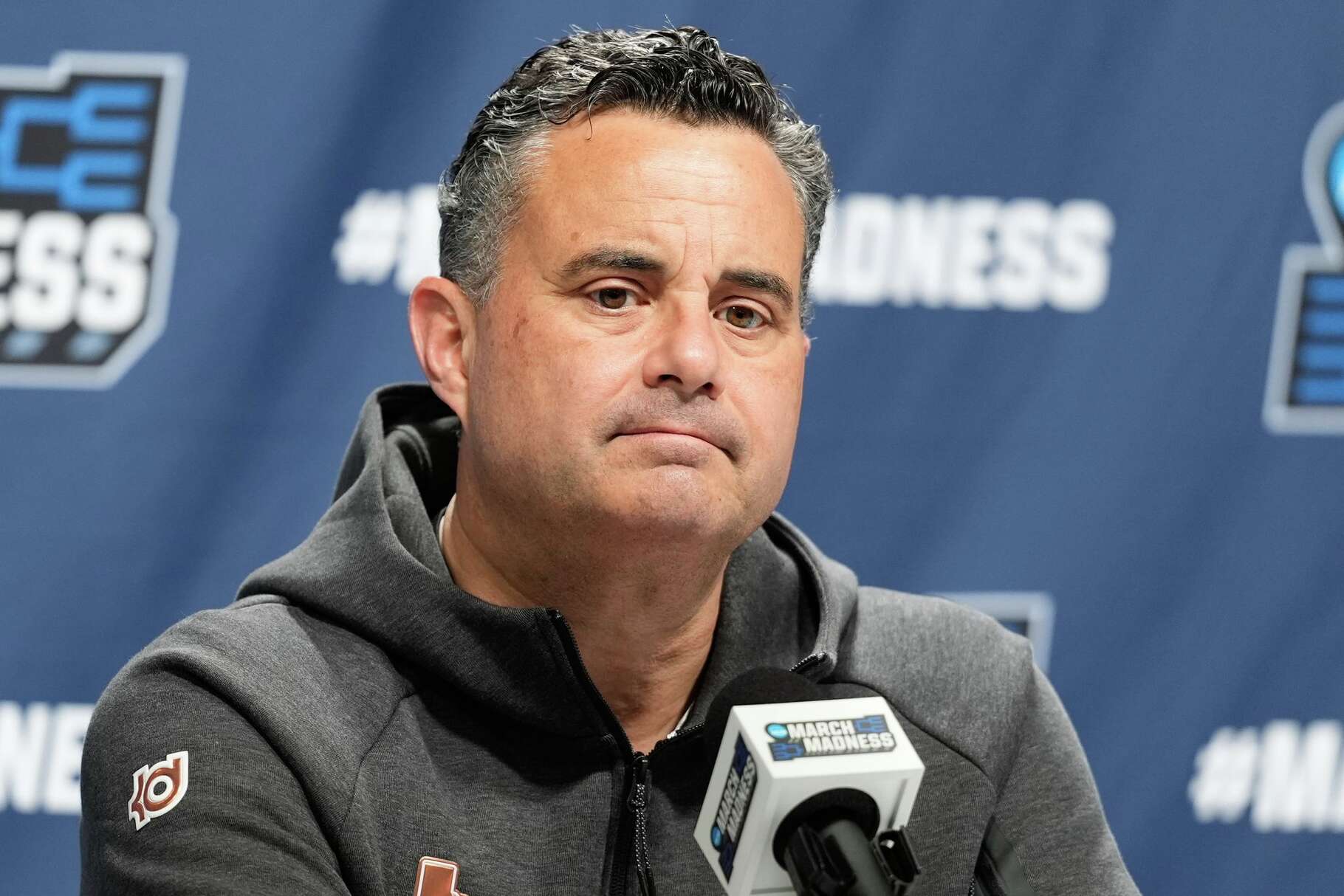 Texas head coach Sean Miller speaks during a news conference prior to the second round of the NCAA college basketball tournament Friday, March 20, 2026, in Portland, Ore.