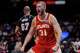 Atlanta Hawks center Jock Landale (31) celebrates his dunk against the Memphis Grizzlies during the first half of an NBA basketball game, Monday, March 23, 2026, in Atlanta.