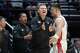 Arizona head coach Tommy Lloyd, middle, reacts toward players during the second half in the first round of the NCAA college basketball tournament against LIU, Friday, March 20, 2026, in San Diego. (AP Photo/Marcio Jose Sanchez)