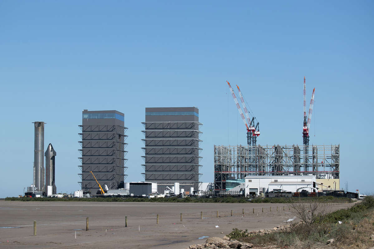 SpaceX has been expanding its South Texas facility in Starbase, including work to add a rocket bay. Shown are, from left to right, Mega Bay 1, Mega Bay 2 and the under-construction Gigabay. 