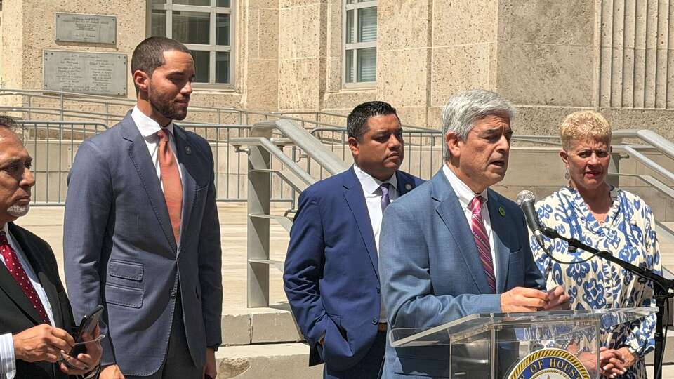 Houston City Councilman Julian Ramirez speaks outside City Hall about anti-Islam sentiment on Tuesday, March 24.