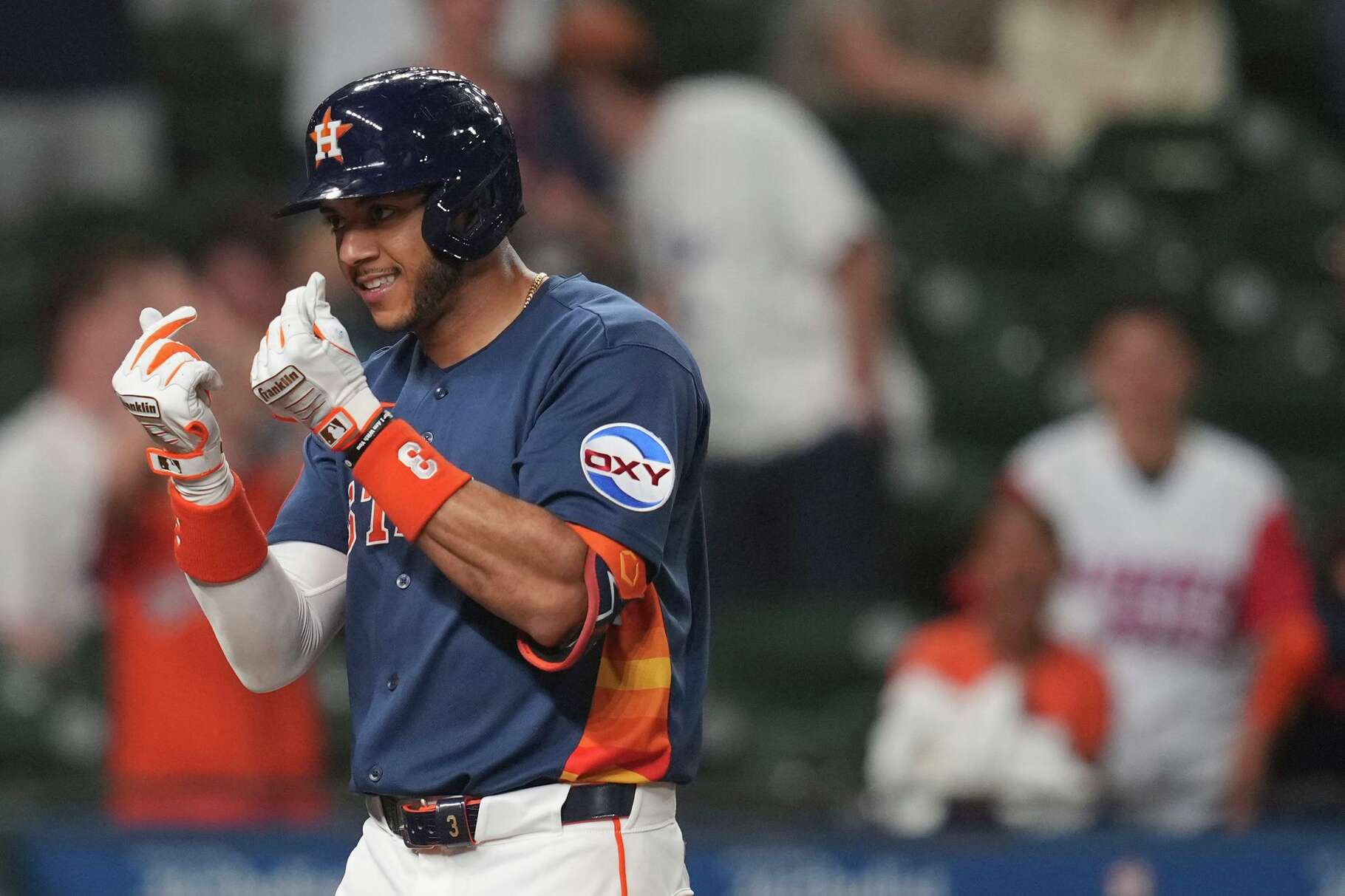 Houston Astros Jeremy Peña celebrates after hitting a 2-run home run during an exhibition game at Daikin Park in Houston, Tuesday, March 24, 2026.