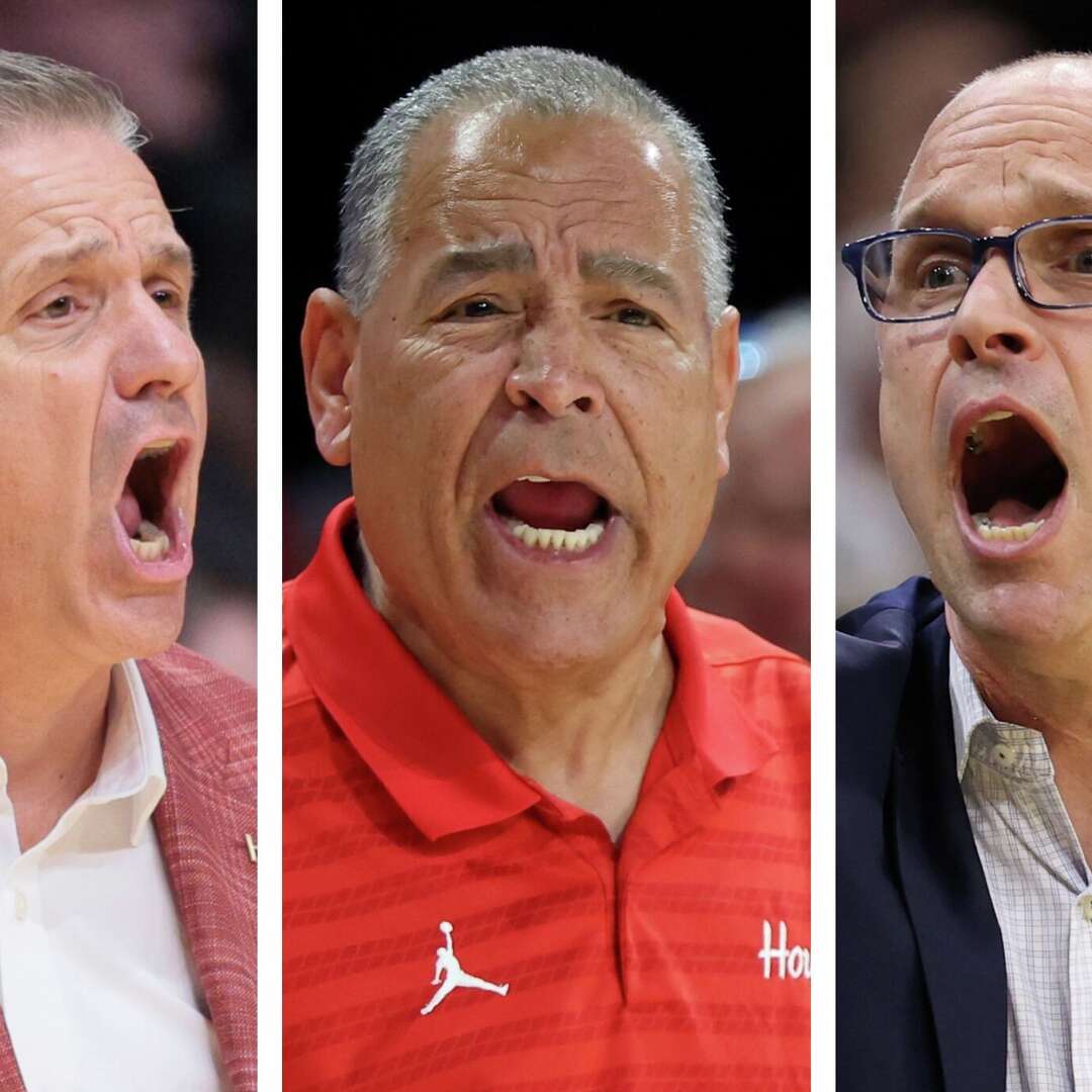 Arkansas' John Calipari (left), Houston's Kelvin Sampson (center) and UConn's Dan Hurley (right) are some of the highest-paid college basketball coaches with teams playing in the 2026 NCAA Tournament's Sweet 16.
