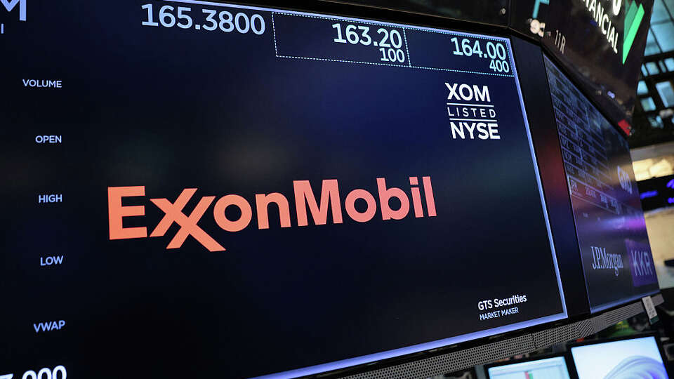 NEW YORK, NEW YORK - MARCH 25: The ExxonMobil company logo is displayed on the floor of the New York Stock Exchange during morning trading on March 25, 2026 in New York City. Stocks rose at the opening with reports of the U.S. giving Iran a plan to bring the conflict to an end that sent crude prices tumbling, with the Dow Jones leading the way opening with a gain of over 500 points. (Photo by Michael M. Santiago/Getty Images)