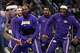 Los Angeles Lakers forward LeBron James, second from front right, and forward Jarred Vanderbilt, right, react after a dunk by guard Austin Reaves, left, during the first half of an NBA basketball game against the Orlando Magic, Saturday, March 21, 2026, in Orlando, Fla.