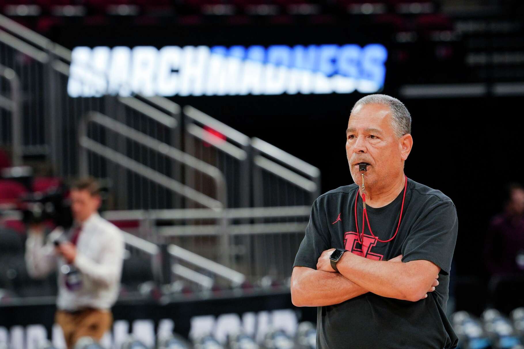 Houston head coach Kelvin Sampson watches practice leading up to the South Regional semifinals in NCAA college basketball tournament in Houston, Wednesday, March 25, 2026.