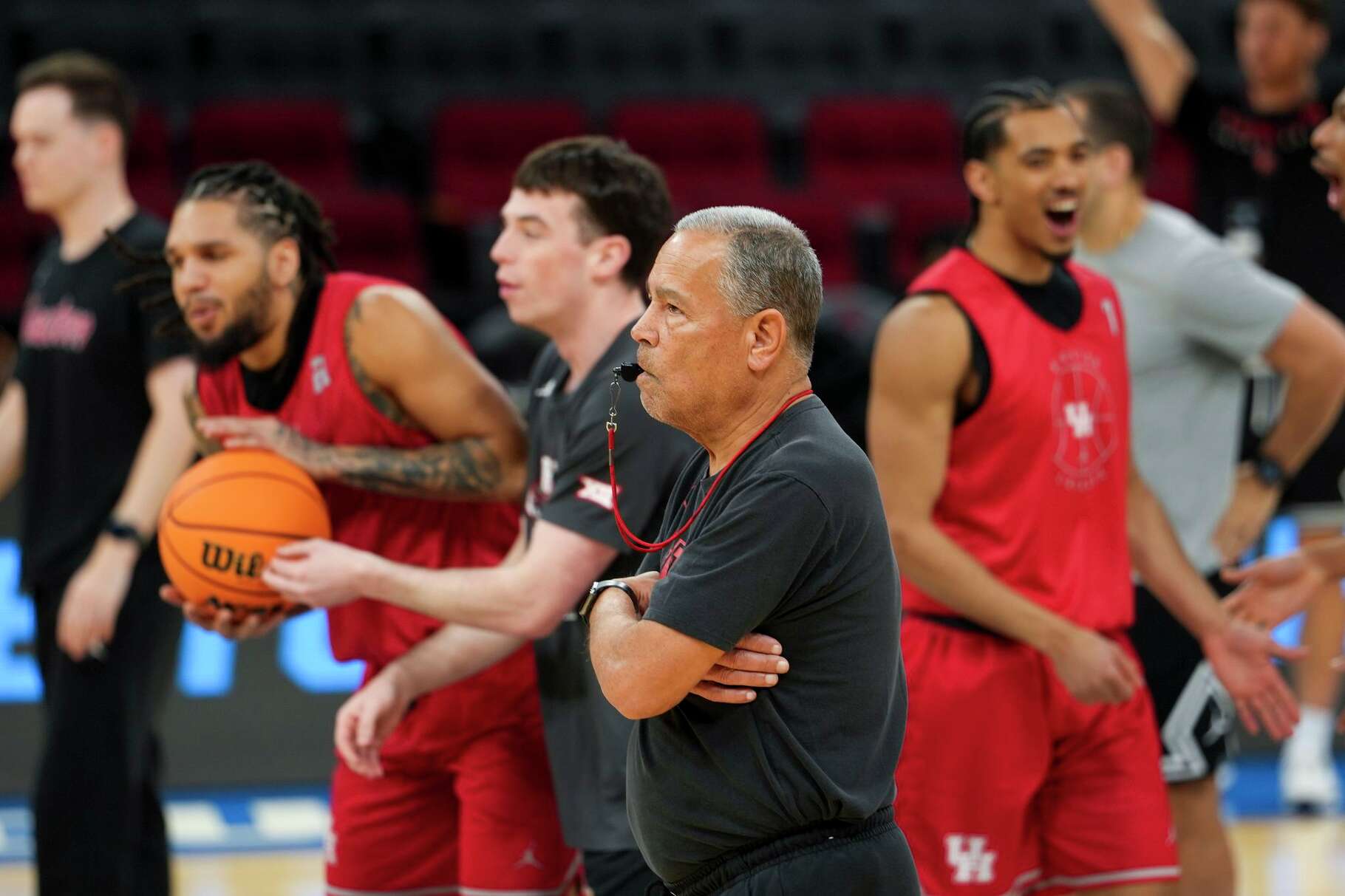 Houston head coach Kelvin Sampson watches practice leading up to the South Regional semifinals in NCAA college basketball tournament in Houston, Wednesday, March 25, 2026.
