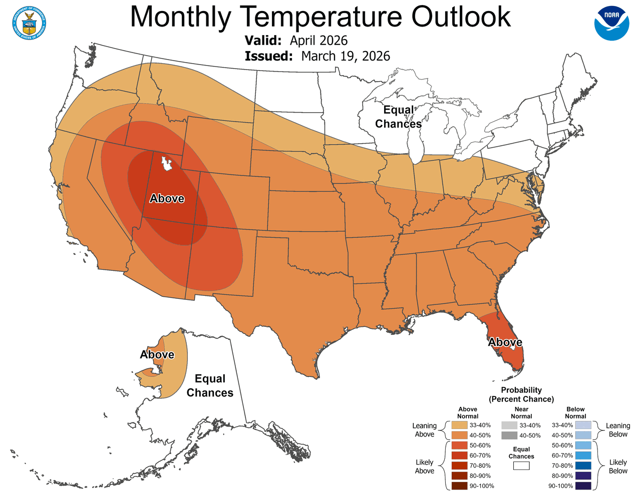 This map of the United States shows NOAA's Climate Prediction Center temperature outlook through April. Above normal temperatures are expected (orange and red).