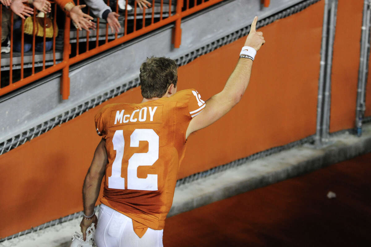 November 21 2009: University of Texas Longhorns QB Colt McCoy (#12) runs off the field for the last time after the University of Texas Longhorns defeated the University of Kansas Jayhawks in the Longhorns last home game of the season at the University of Texas Darrell K Royal - Texas Memorial Stadium in Austin, Tx. (Photo by John Albright/Icon SMI/Corbis/Icon Sportswire via Getty Images)