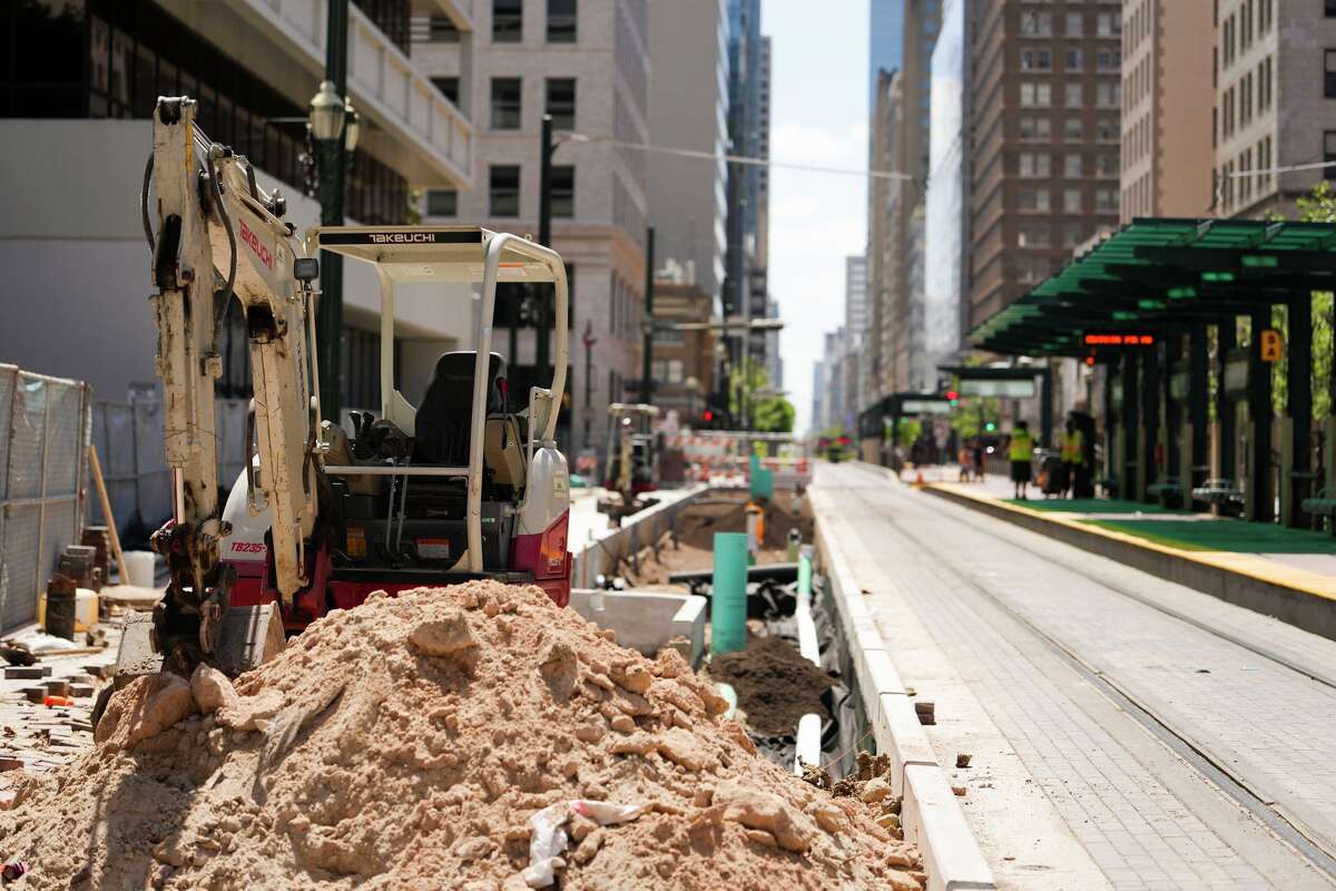 Construction continues on Main Street Promenade, the reenvisioning of Main Street to make it more pedestrian friendly, Friday, March 27, 2026, in Houston. The work is expected to be ready for the World Cup in early June and is one of many upgrades aimed at making the bars and downtown area more accommodating for the thousands expected during the event.