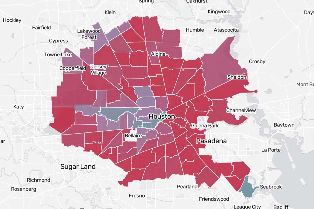 A map showing mental health provider availability in Houston, with red showing a lack of providers.