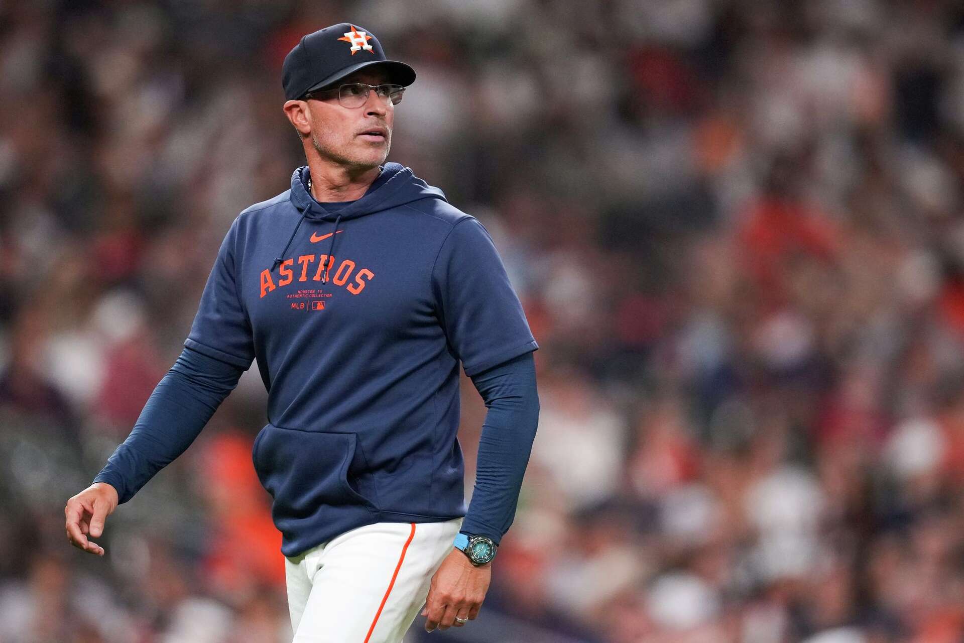Houston Astros manager Joe Espada (19) is seen during the seventh inning of a MLB baseball game at Daikin Park, Friday, March 27, 2026, in Houston.