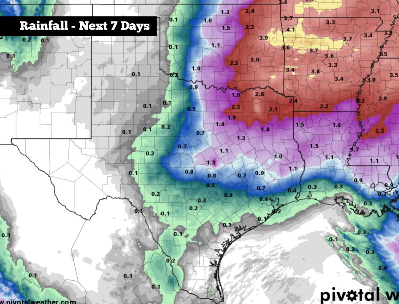 Shown are the potential rainfall totals across Texas over the next 7 days, according to the National Blend of Models. The highest rainfall will be across Northeast Texas.