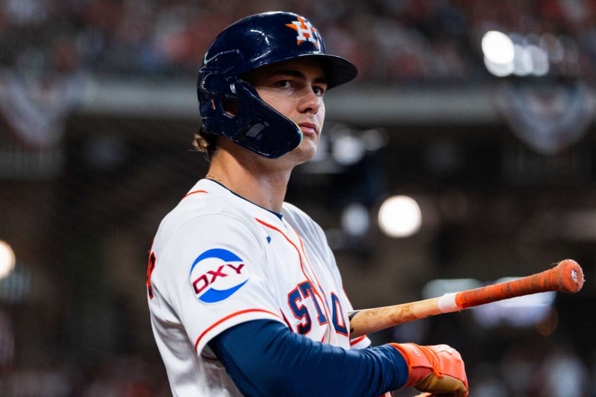 HOUSTON, TEXAS - MARCH 26: Joey Loperfido #10 of the Houston Astros looks on before hitting during a game against the Los Angeles Angels on Opening Day at Daikin Park on March 26, 2026 in Houston, Texas. (Photo by Houston Astros/Getty Images)