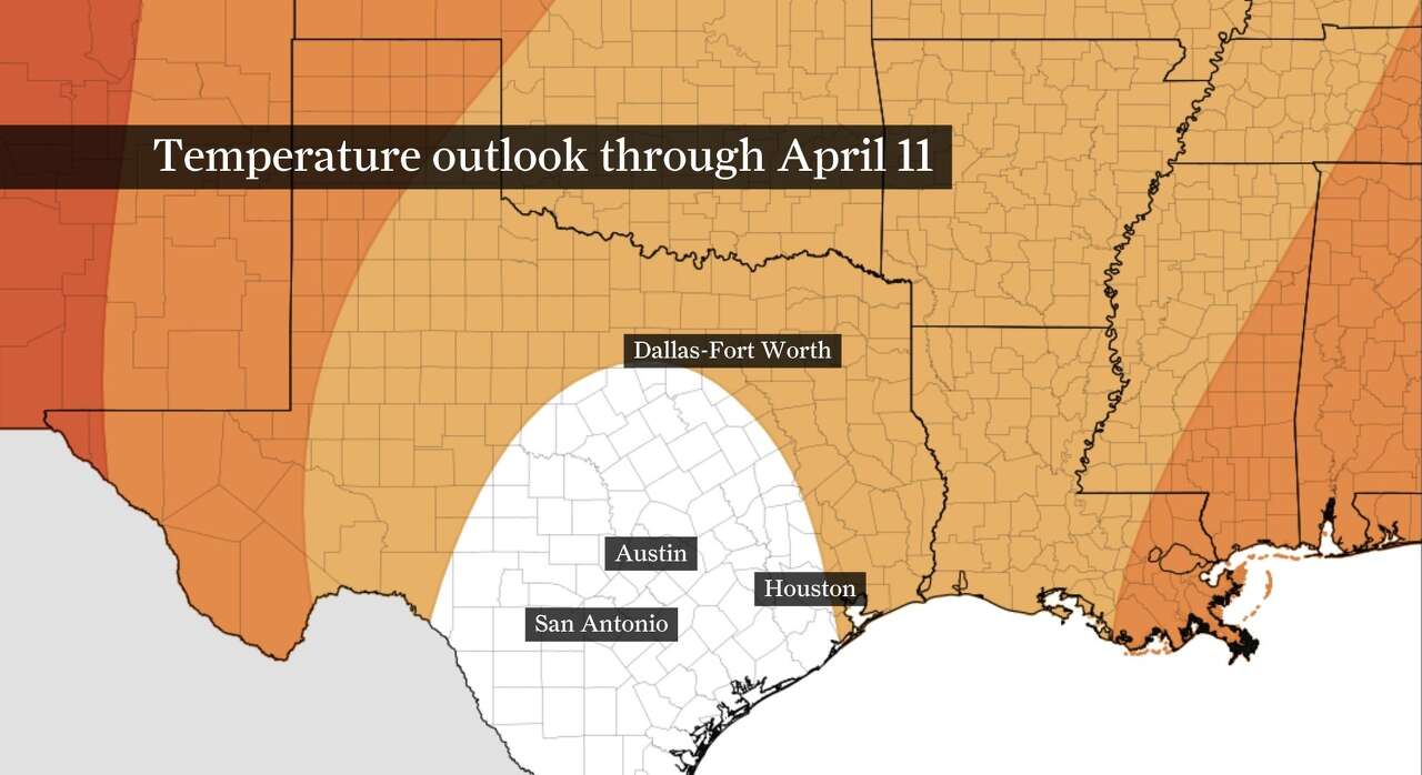 This map of Texas shows the temperature outlook through April 11, according to NOAA's Climate Prediction Center.