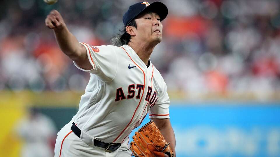 Houston Astros starting pitcher Tatsuya Imai pitches against the Los Angeles Angels during the first inning of a Major League Baseball game at Daikin Park in Houston, Sunday, March 29, 2026.
