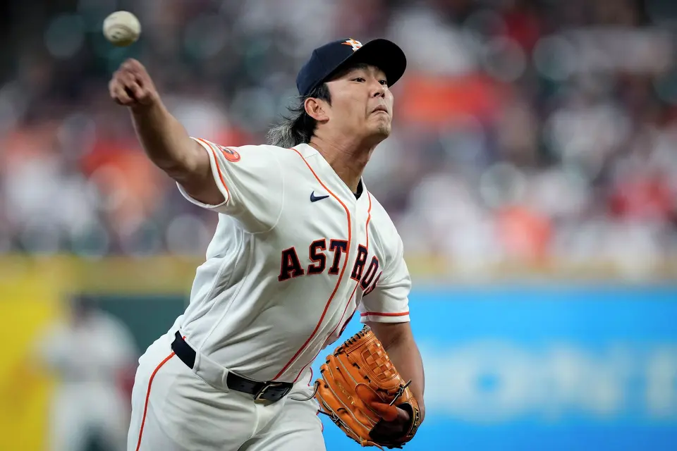 Houston Astros starting pitcher Tatsuya Imai pitches against the Los Angeles Angels during the first inning of a Major League Baseball game at Daikin Park in Houston, Sunday, March 29, 2026.