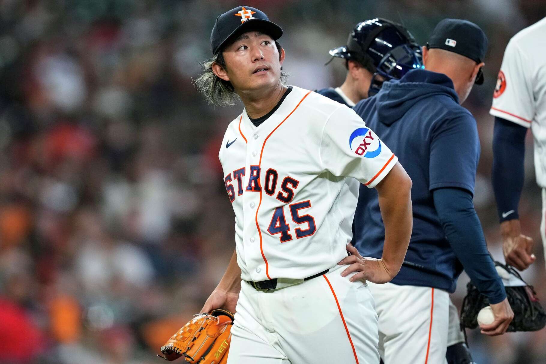 Houston Astros starting pitcher Tatsuya Imai (45) walks off the mound as he is taken from the game during the third inning of a Major League Baseball game against the Los Angeles Angels at Daikin Park in Houston, Sunday, March 29, 2026.