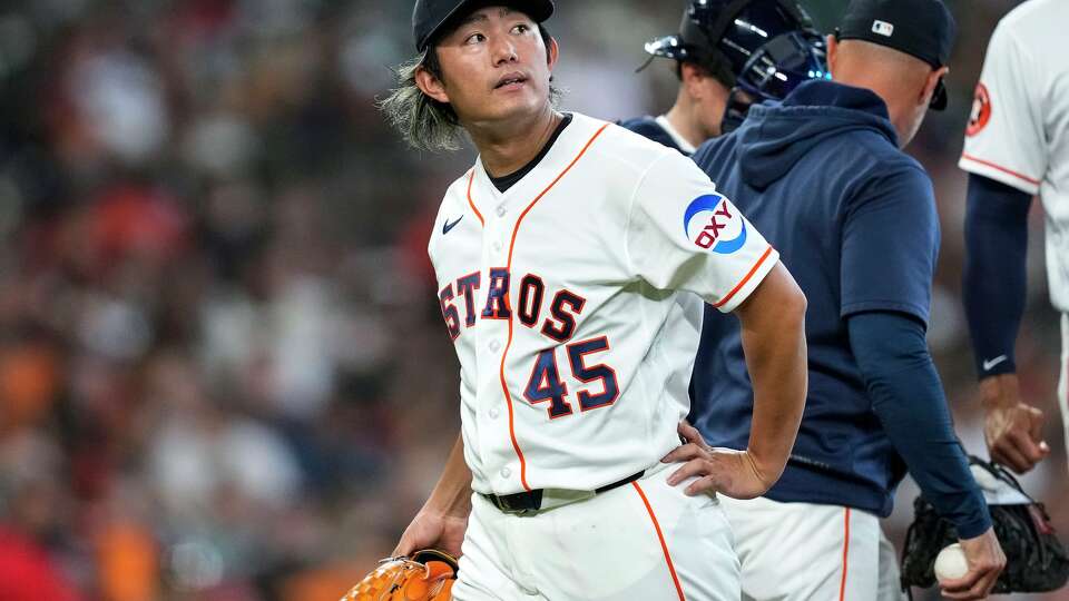 Houston Astros starting pitcher Tatsuya Imai (45) walks off the mound as he is taken from the game during the third inning of a Major League Baseball game against the Los Angeles Angels at Daikin Park in Houston, Sunday, March 29, 2026.