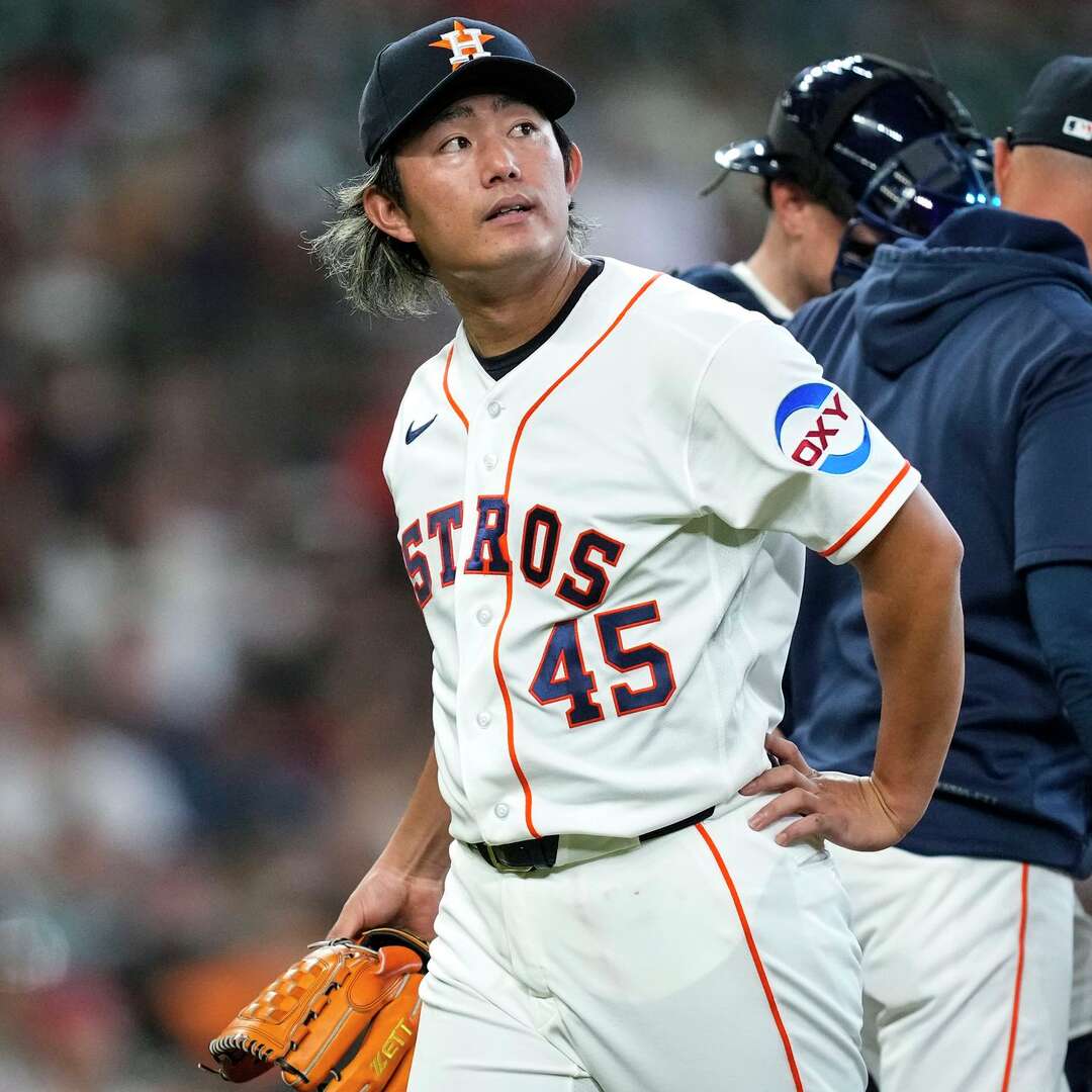 Houston Astros starting pitcher Tatsuya Imai (45) walks off the mound as he is taken from the game during the third inning of a Major League Baseball game against the Los Angeles Angels at Daikin Park in Houston, Sunday, March 29, 2026.