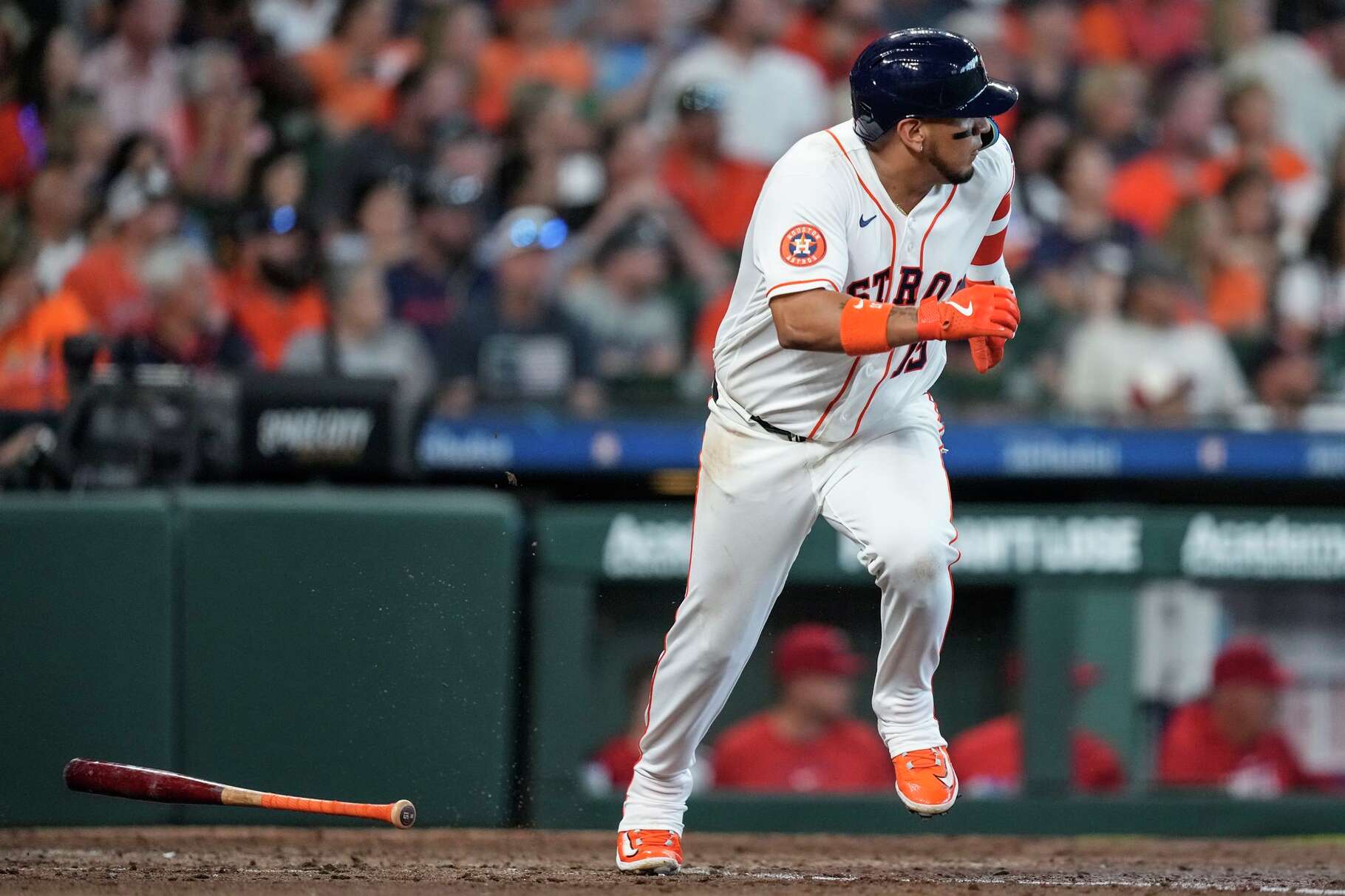 Houston Astros second baseman Isaac Paredes runs up the line as he hits a double against the Los Angeles Angels during the fifth inning of a Major League Baseball game at Daikin Park in Houston, Sunday, March 29, 2026.