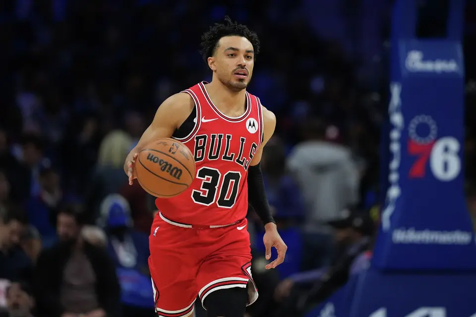 Chicago Bulls' Tre Jones plays during the second half of an NBA basketball game Wednesday, March 25, 2026, in Philadelphia. (AP Photo/Matt Slocum)