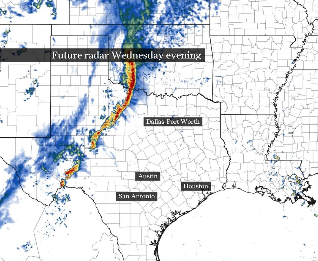This map of Texas shows how future radar could look Wednesday evening. A line of strong thunderstorms could bring damaging wind and large hail from Dallas-Fort Worth to Wichita Falls.