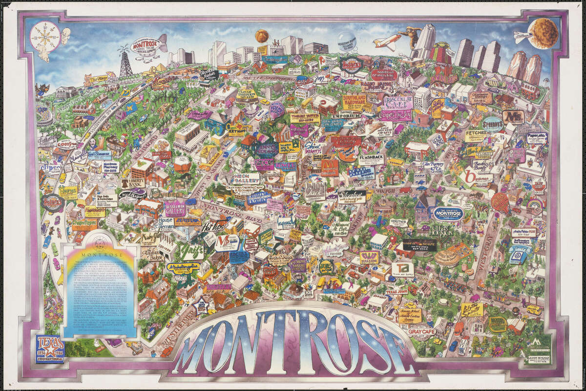 A 1986 map of Montrose and River Oaks, done by Houston artist Randy Ruhlman. Ruhlman, a queer artist, did this piece for Texas' sesquicentennial. 