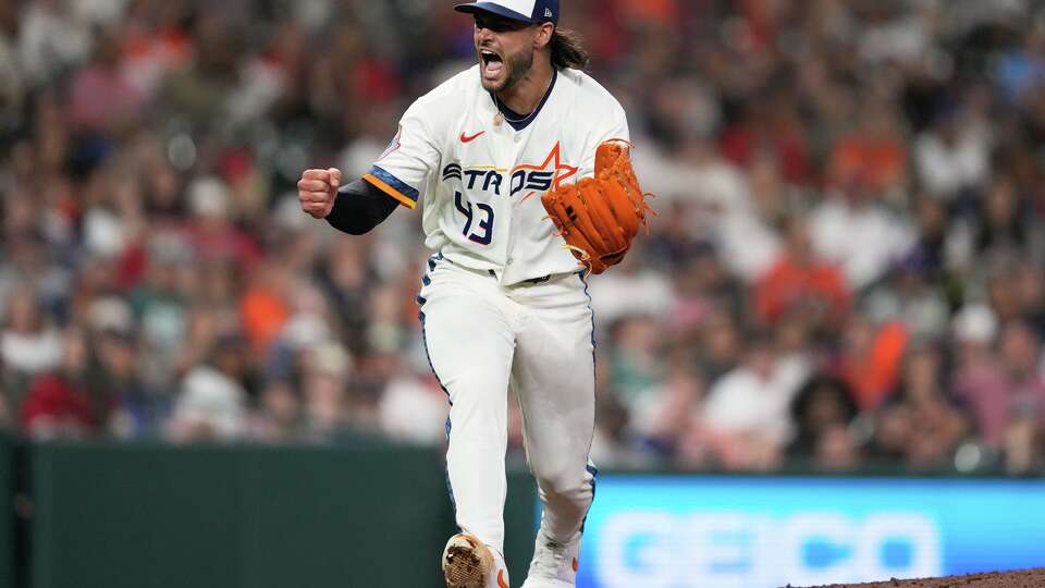Houston Astros starting pitcher Lance McCullers Jr. celebrates after the top of the seventh inning of a baseball game against the Boston Red Sox in Houston, Monday, March 30, 2026. (AP Photo/Ashley Landis)