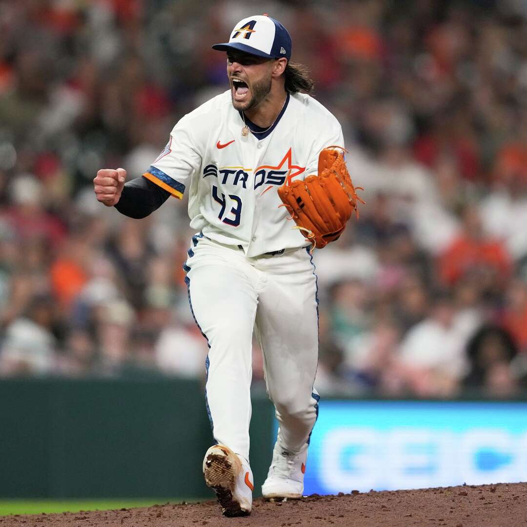 Houston Astros starting pitcher Lance McCullers Jr. celebrates after the top of the seventh inning of a baseball game against the Boston Red Sox in Houston, Monday, March 30, 2026. (AP Photo/Ashley Landis)